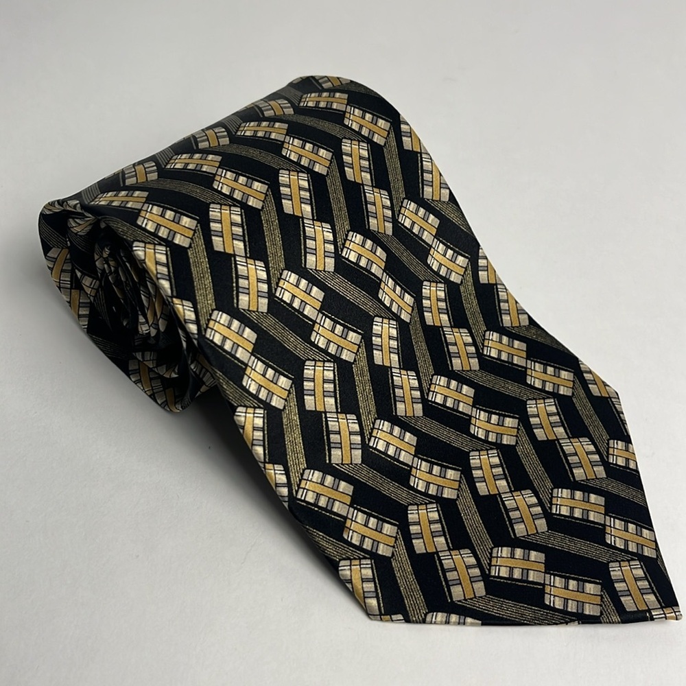 Valentino Cravette Gold‎ and Black Pattern Silk Tie